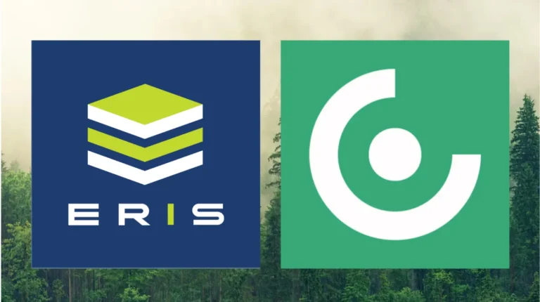 ERIS green and white logo in blue background and ClimateCheck logo