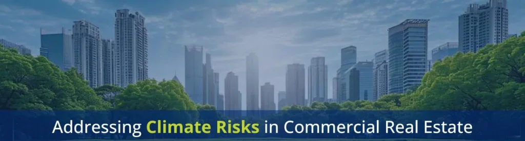 Commercial buildings surrounded by green trees.