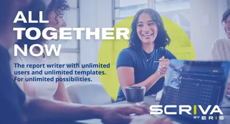 A group of people smiling and collaborating, promoting a report writer with unlimited users and templates.