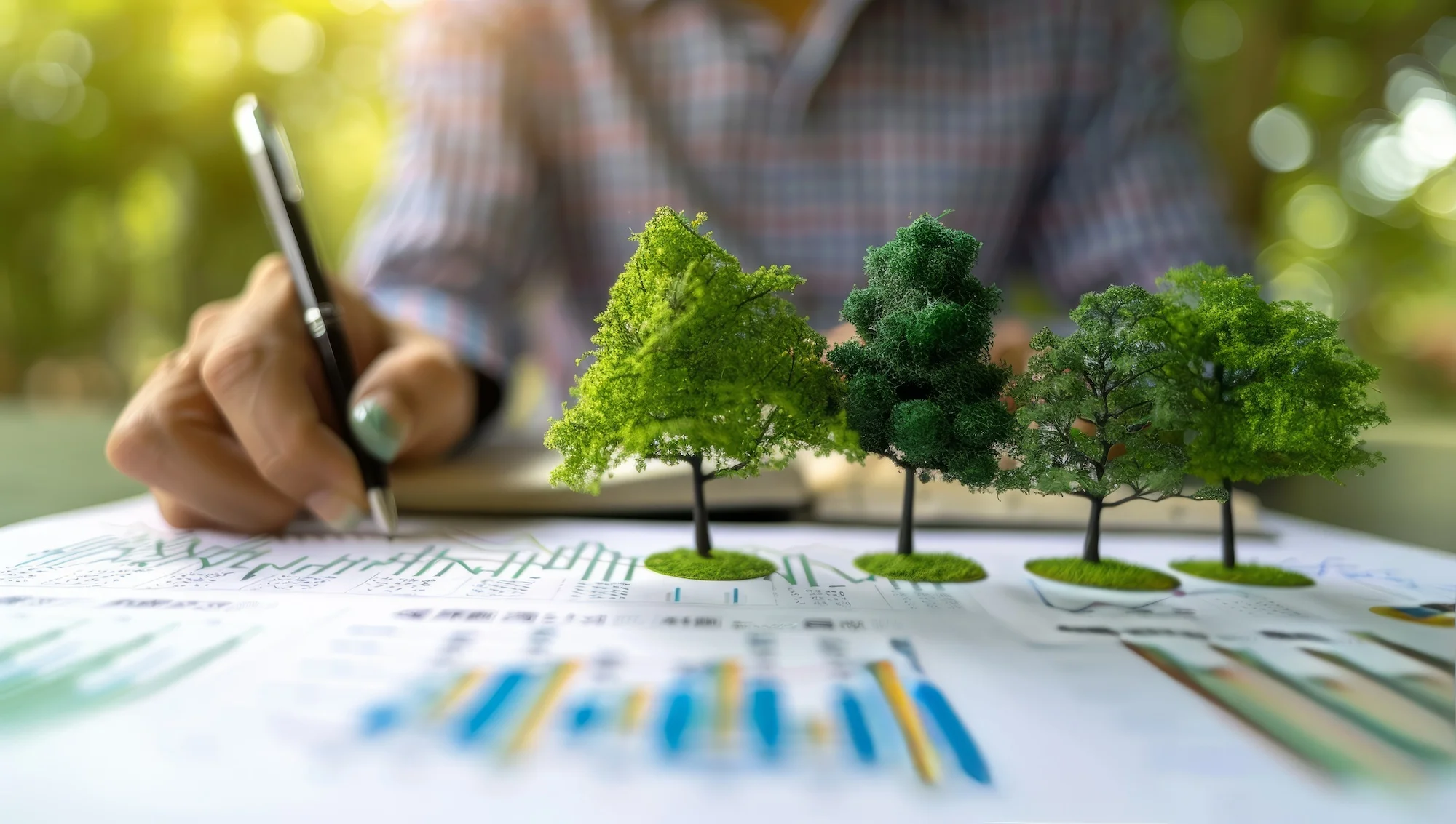 A person writes on charts with model trees.