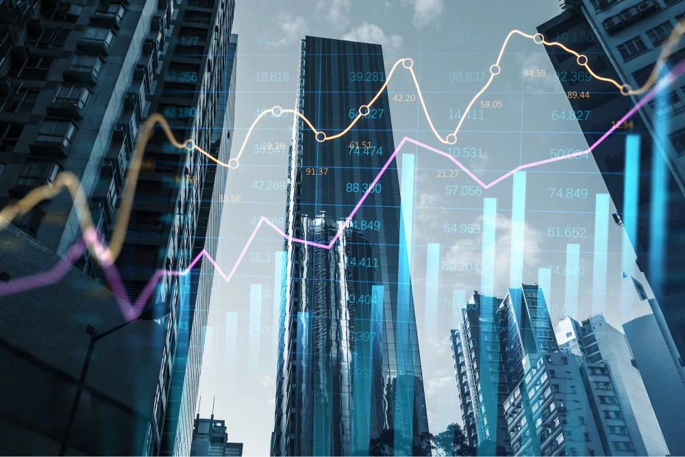 Digital financial graphs and stats data indicators on megapolis city buildings background, double exposure