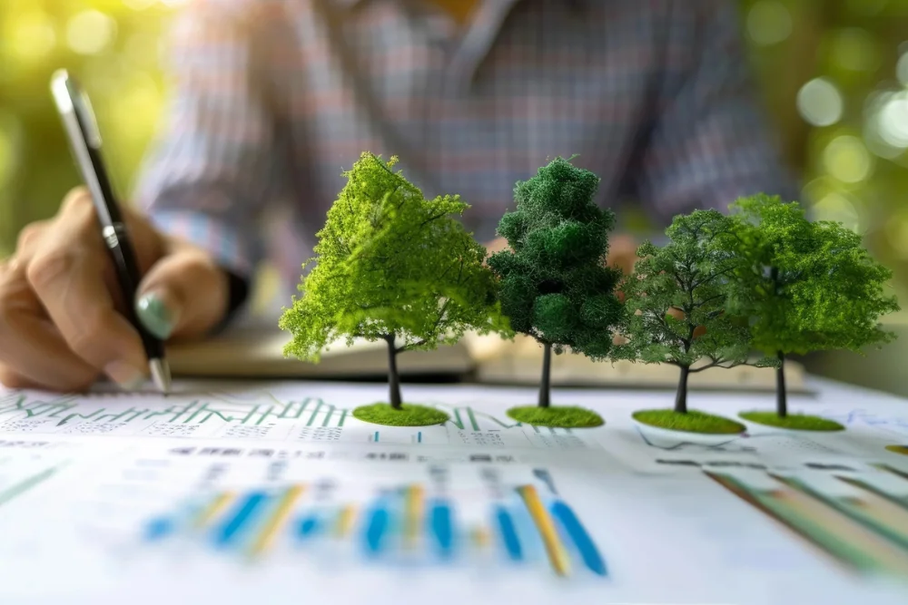 A person writes on charts with model trees.