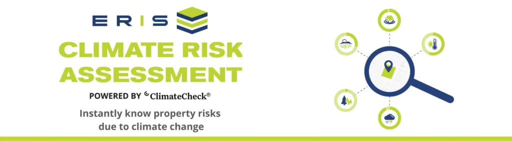 Climate Risk Assessment icon, Magnifying glass with location connected with property risks icons