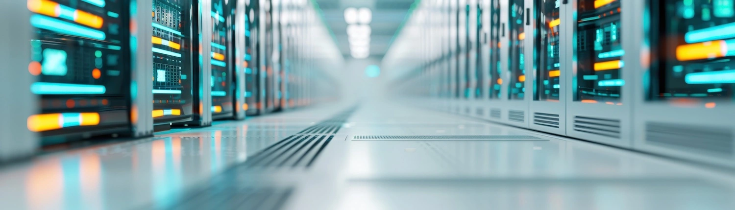A long hallway lined with server racks in a data center.